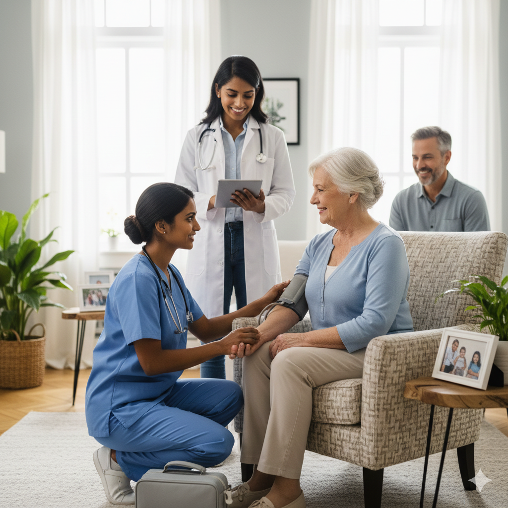 Professional nurse providing home healthcare services to patient