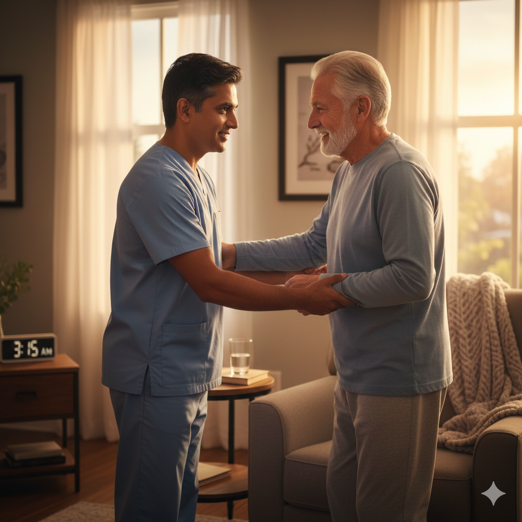 Patient care attendant providing round-the-clock care and assistance