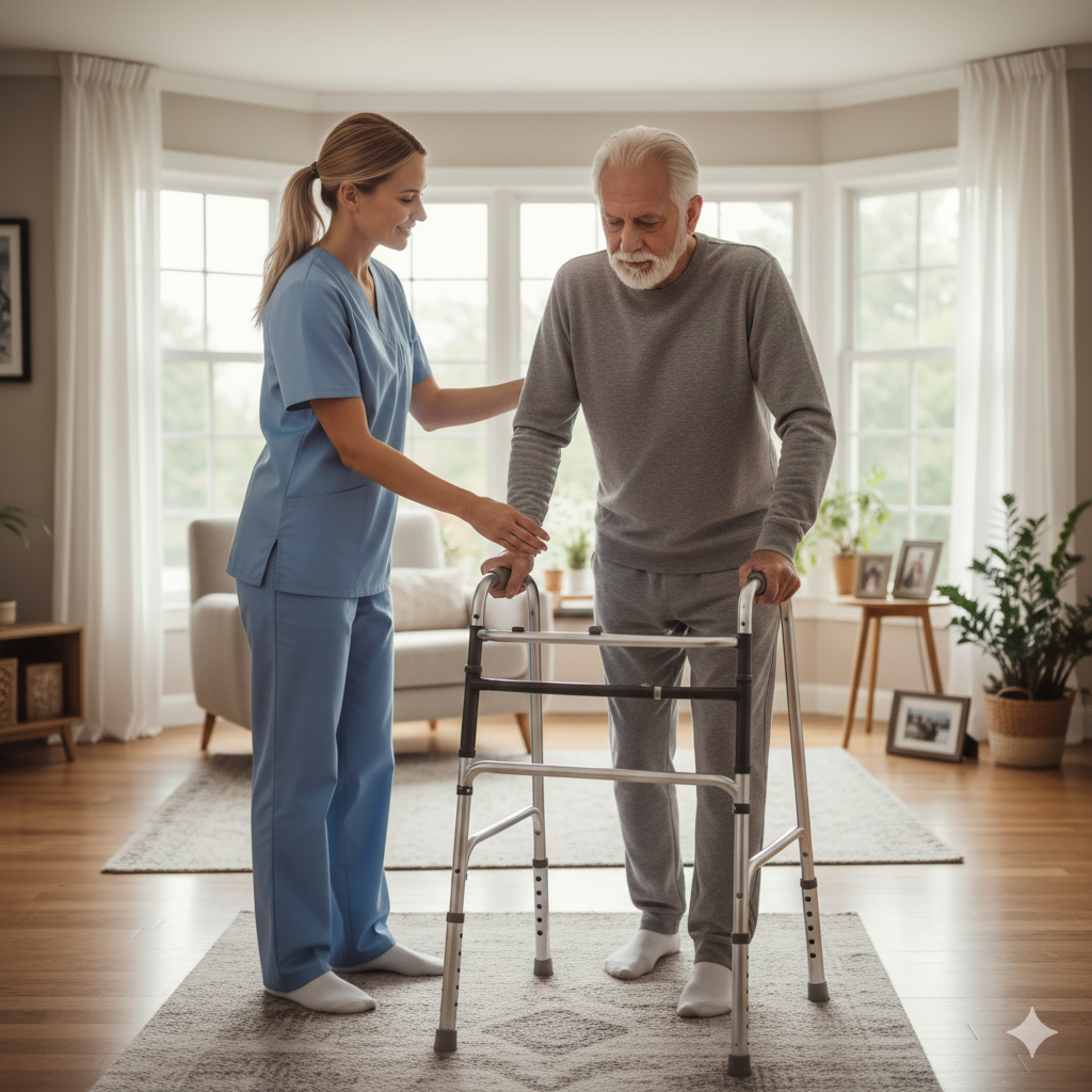 Physiotherapist providing rehabilitation exercises and mobility training at home